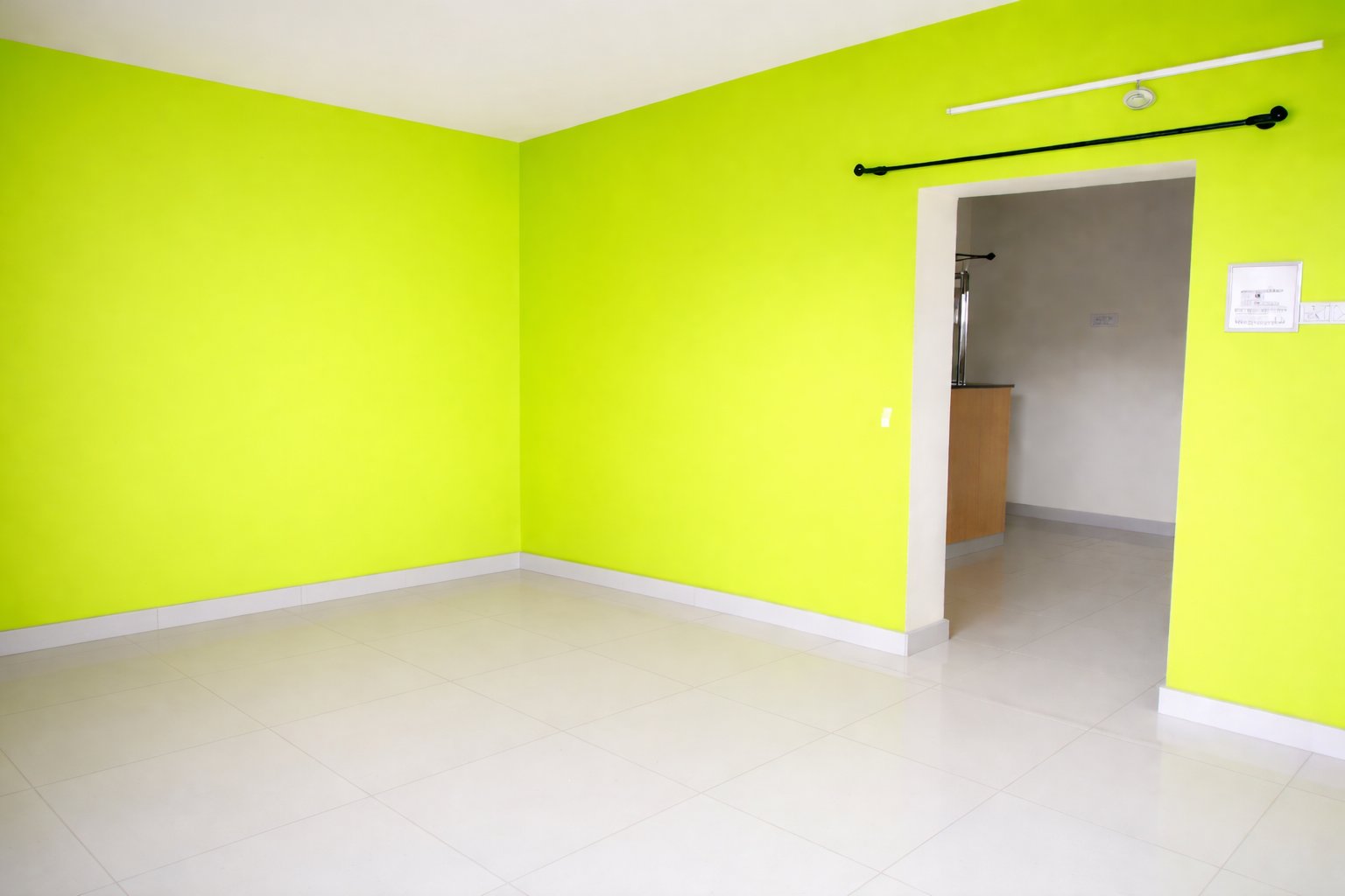 picture of the living room and the entrance showing a portion of the kitchen